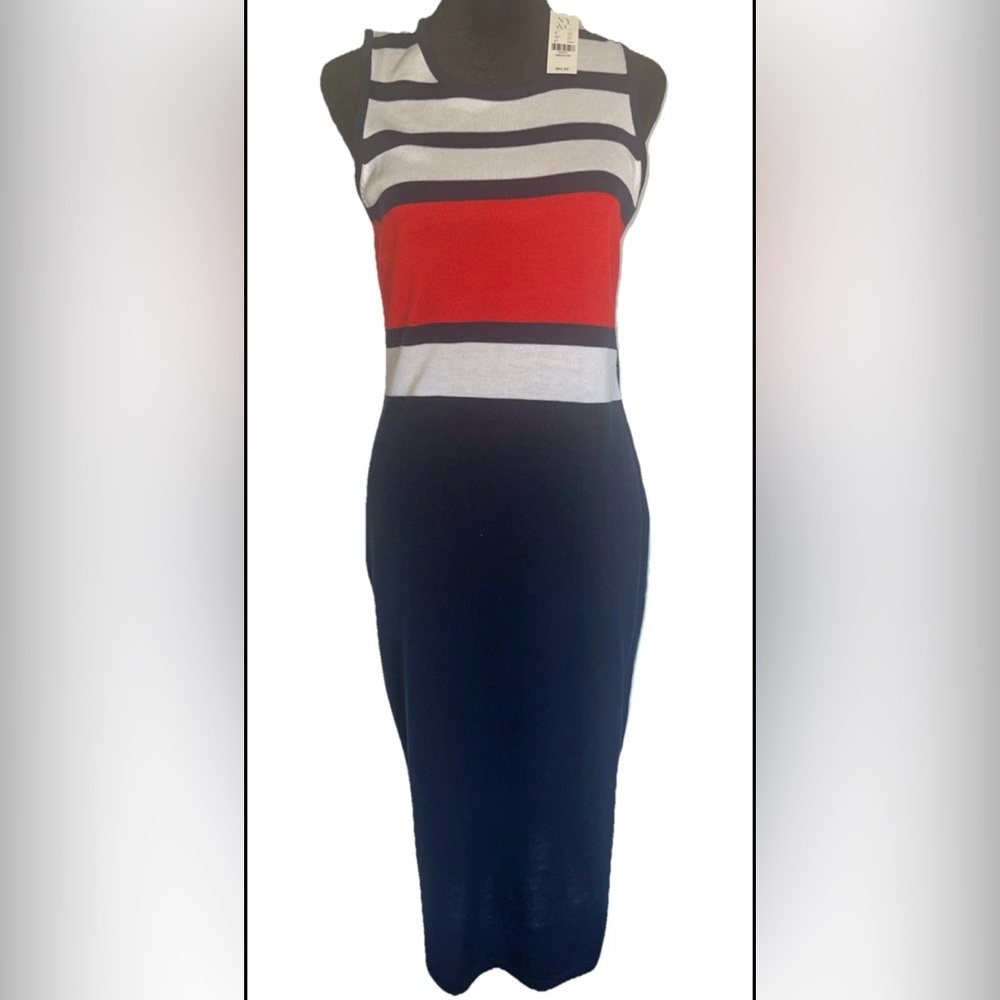 New York & Company Striped Red, White, and Navy Midi Dress